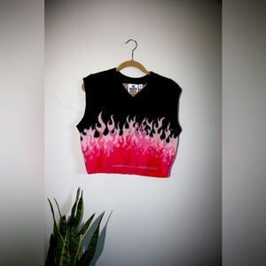 RAGGED PRIEST - Black & Pink Burnout Flame Cropped Sweater Vest